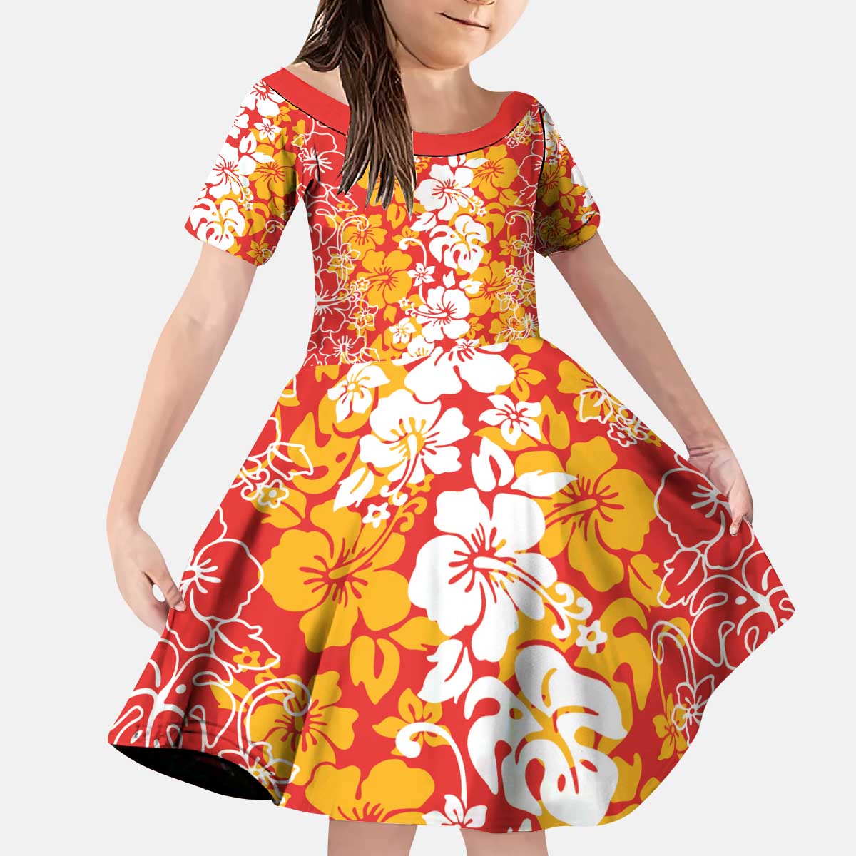 Hawaiian Lei Day Kid Short Sleeve Dress Red Hibiscus Flowers Lei Art