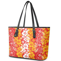 Hawaiian Lei Day Leather Tote Bag Red Hibiscus Flowers Lei Art