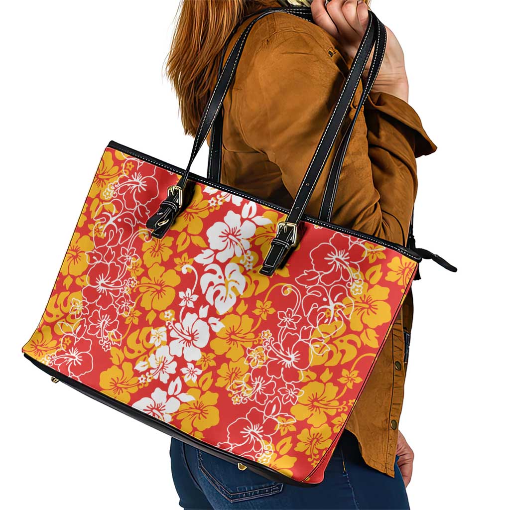 Hawaiian Lei Day Leather Tote Bag Red Hibiscus Flowers Lei Art