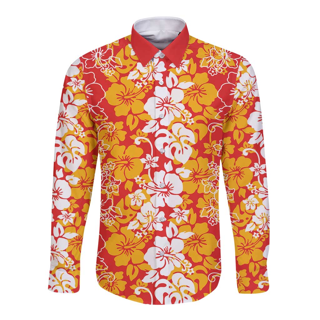 Hawaiian Lei Day Long Sleeve Button Shirt Red Hibiscus Flowers Lei Art