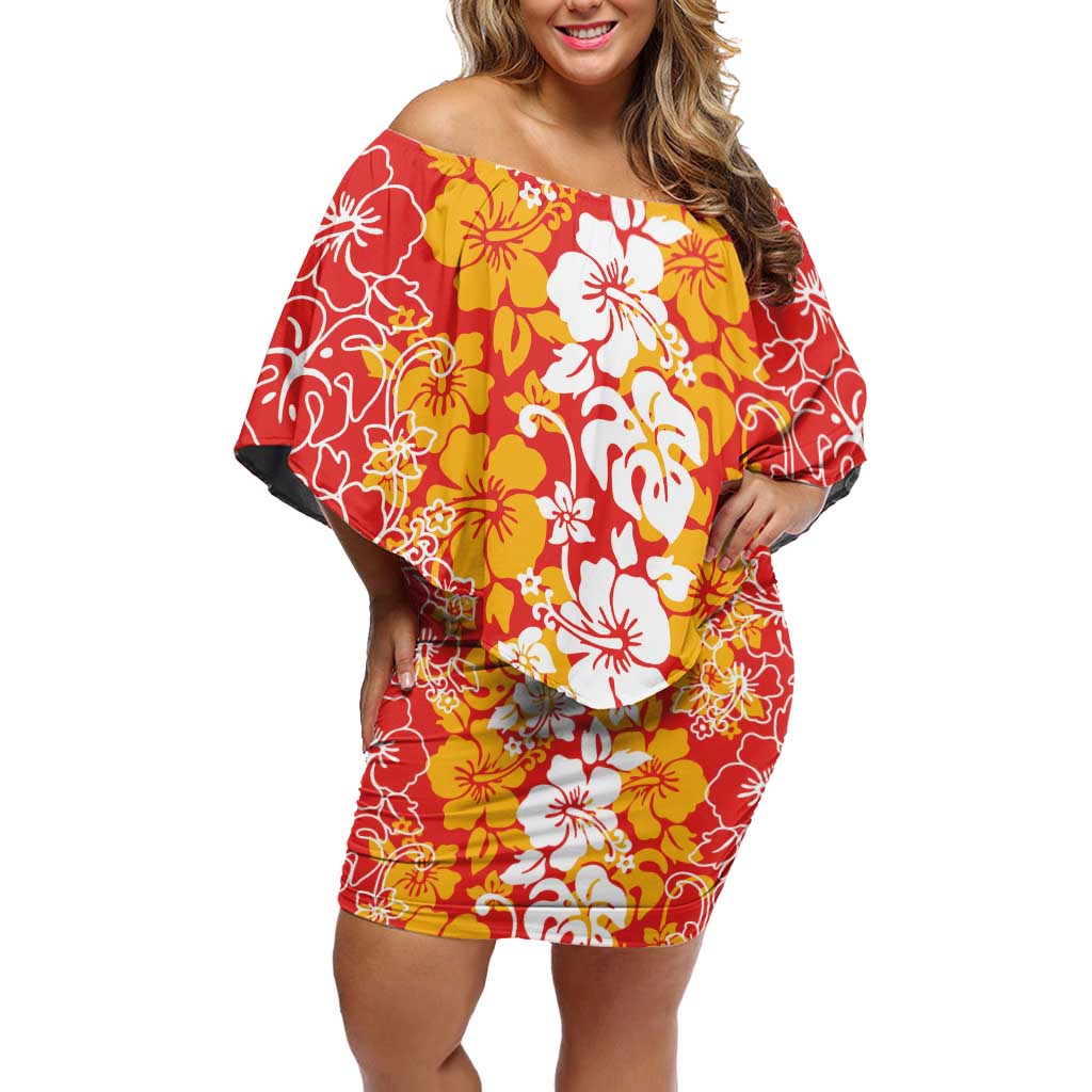 Hawaiian Lei Day Off Shoulder Short Dress Red Hibiscus Flowers Lei Art