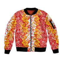 Hawaiian Lei Day Sleeve Zip Bomber Jacket Red Hibiscus Flowers Lei Art