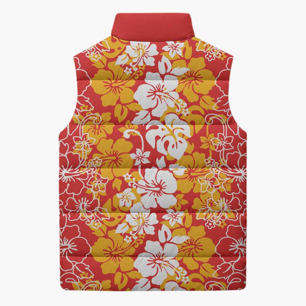 Hawaiian Lei Day Sleeveless Puffer Jacket Red Hibiscus Flowers Lei Art - Polynesian Pride