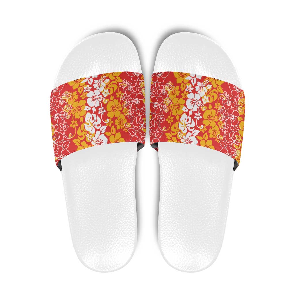 Hawaiian Lei Day Slide Sandals Red Hibiscus Flowers Lei Art - Polynesian Pride