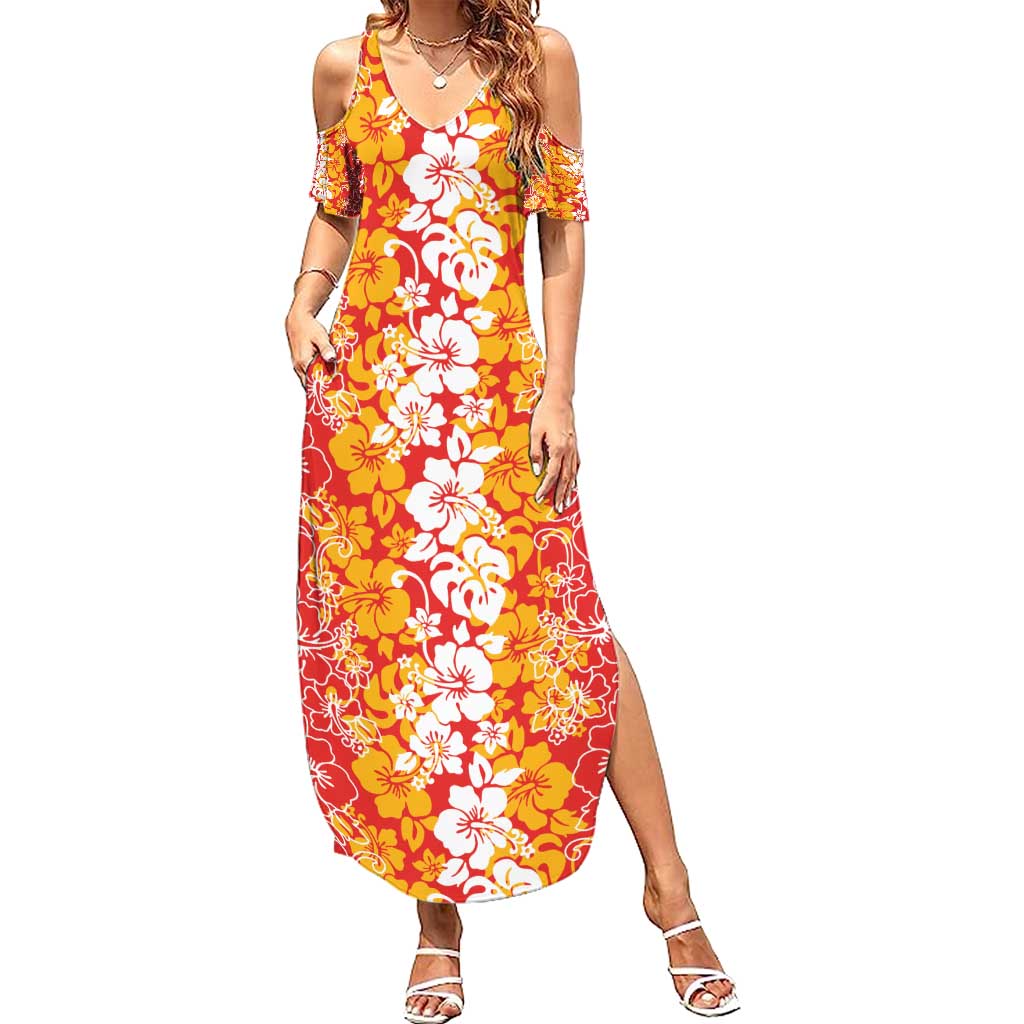Hawaiian Lei Day Summer Maxi Dress Red Hibiscus Flowers Lei Art