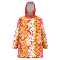 Hawaiian Lei Day Wearable Blanket Hoodie Red Hibiscus Flowers Lei Art