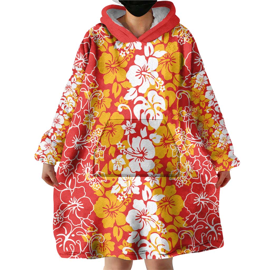 Hawaiian Lei Day Wearable Blanket Hoodie Red Hibiscus Flowers Lei Art