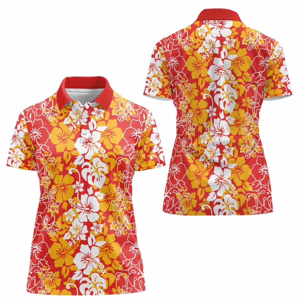 Hawaiian Lei Day Women Polo Shirt Red Hibiscus Flowers Lei Art