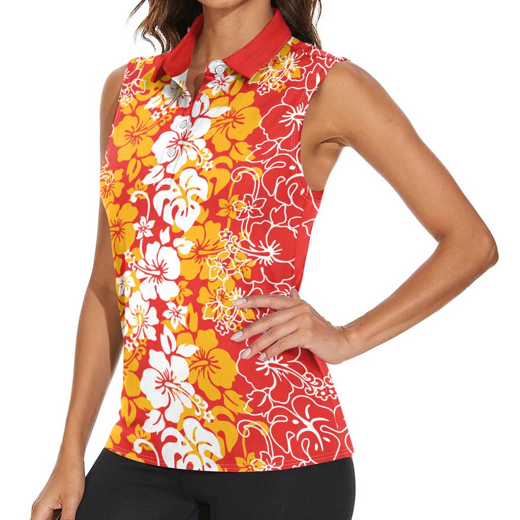 Hawaiian Lei Day Women Sleeveless Polo Shirt Red Hibiscus Flowers Lei Art