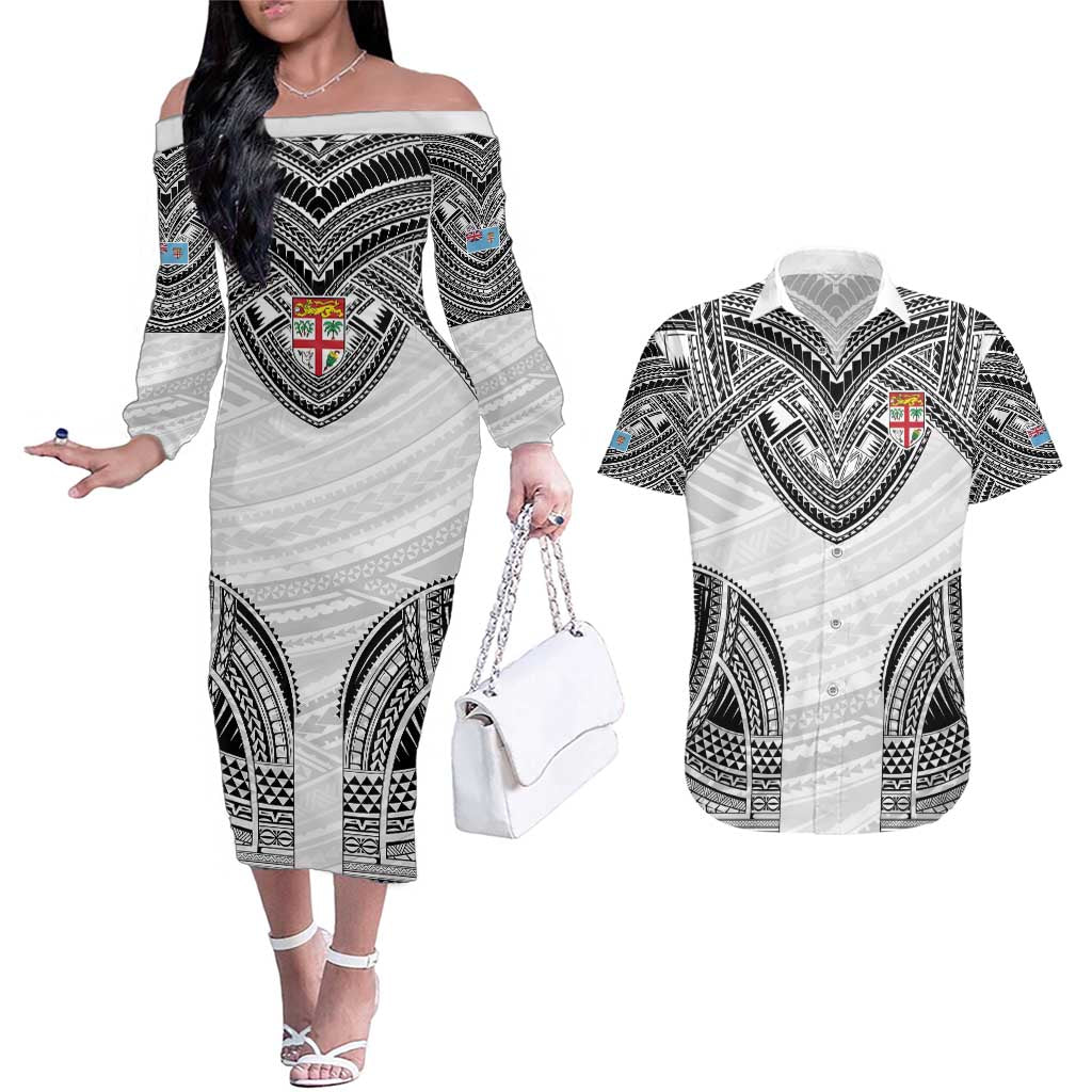 Flying Fijians Pacific Fiji Rugby Custom Couples Matching Off The Shoulder Long Sleeve Dress and Hawaiian Shirt Polynesian Pattern
