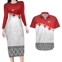 Ikale Tahi Pacific Tonga Rugby Custom Couples Matching Long Sleeve Bodycon Dress and Hawaiian Shirt Tongan Ngatu with Flag Pattern LT9 Red - Polynesian Pride