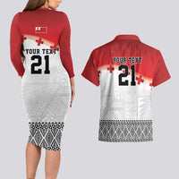 Ikale Tahi Pacific Tonga Rugby Custom Couples Matching Long Sleeve Bodycon Dress and Hawaiian Shirt Tongan Ngatu with Flag Pattern LT9 - Polynesian Pride