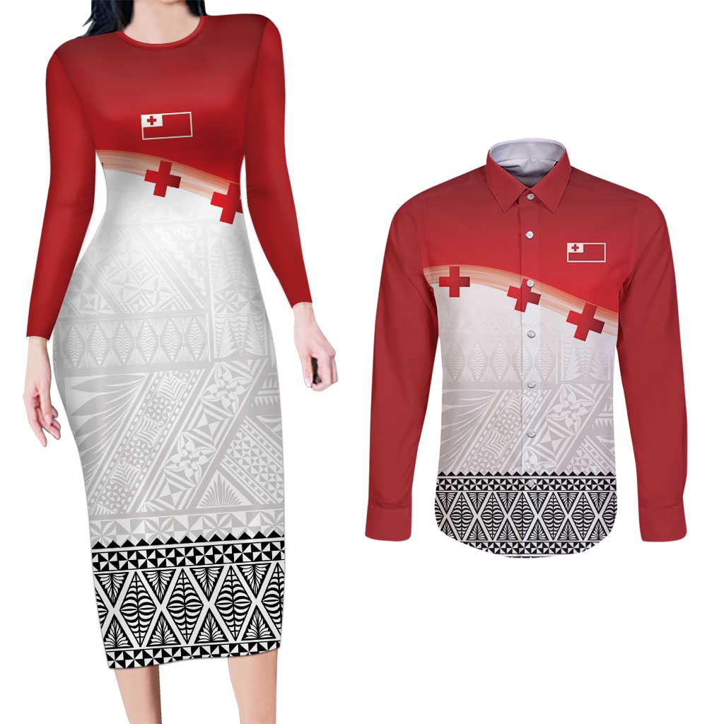 Ikale Tahi Pacific Tonga Rugby Custom Couples Matching Long Sleeve Bodycon Dress and Long Sleeve Button Shirt Tongan Ngatu with Flag Pattern LT9 Red - Polynesian Pride