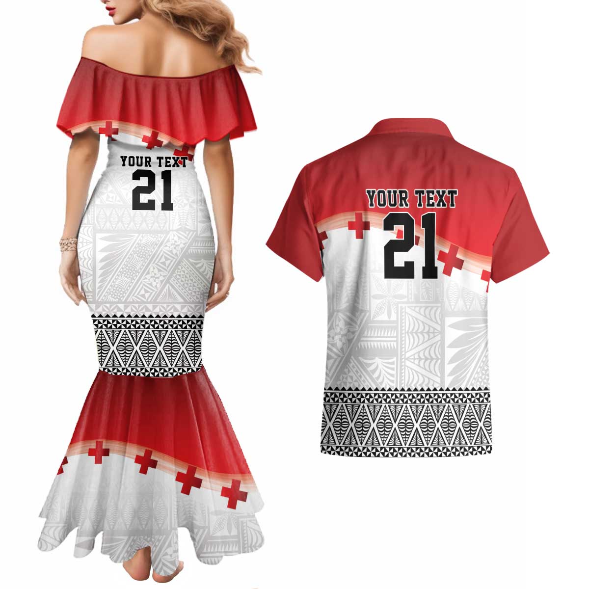 Ikale Tahi Pacific Tonga Rugby Custom Couples Matching Mermaid Dress and Hawaiian Shirt Tongan Ngatu with Flag Pattern LT9 - Polynesian Pride