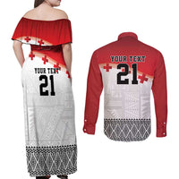 Ikale Tahi Pacific Tonga Rugby Custom Couples Matching Off Shoulder Maxi Dress and Long Sleeve Button Shirt Tongan Ngatu with Flag Pattern LT9 - Polynesian Pride