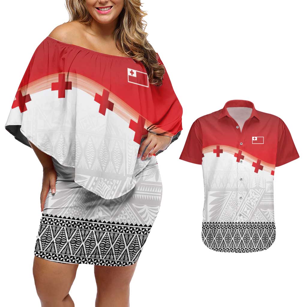 Ikale Tahi Pacific Tonga Rugby Custom Couples Matching Off Shoulder Short Dress and Hawaiian Shirt Tongan Ngatu with Flag Pattern