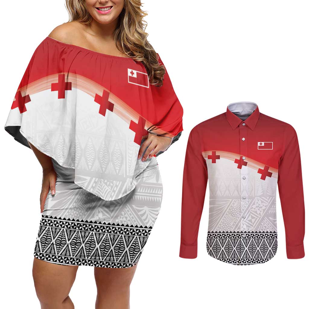Ikale Tahi Pacific Tonga Rugby Custom Couples Matching Off Shoulder Short Dress and Long Sleeve Button Shirt Tongan Ngatu with Flag Pattern LT9 Red - Polynesian Pride