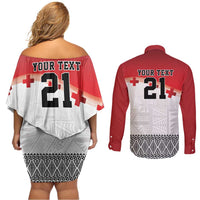 Ikale Tahi Pacific Tonga Rugby Custom Couples Matching Off Shoulder Short Dress and Long Sleeve Button Shirt Tongan Ngatu with Flag Pattern LT9 - Polynesian Pride