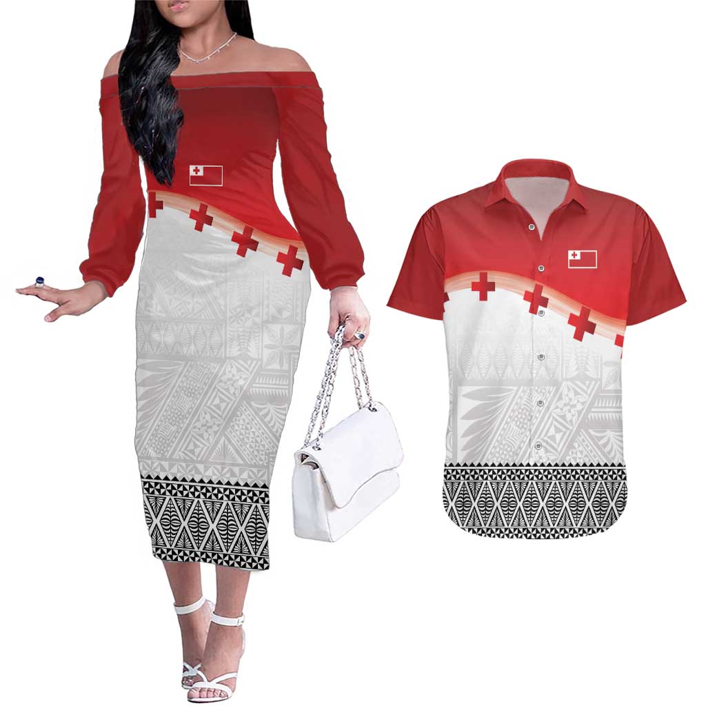 Ikale Tahi Pacific Tonga Rugby Custom Couples Matching Off The Shoulder Long Sleeve Dress and Hawaiian Shirt Tongan Ngatu with Flag Pattern LT9 Red - Polynesian Pride