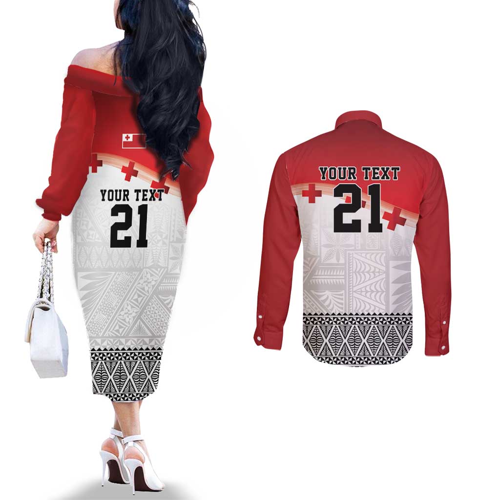 Ikale Tahi Pacific Tonga Rugby Custom Couples Matching Off The Shoulder Long Sleeve Dress and Long Sleeve Button Shirt Tongan Ngatu with Flag Pattern LT9 - Polynesian Pride