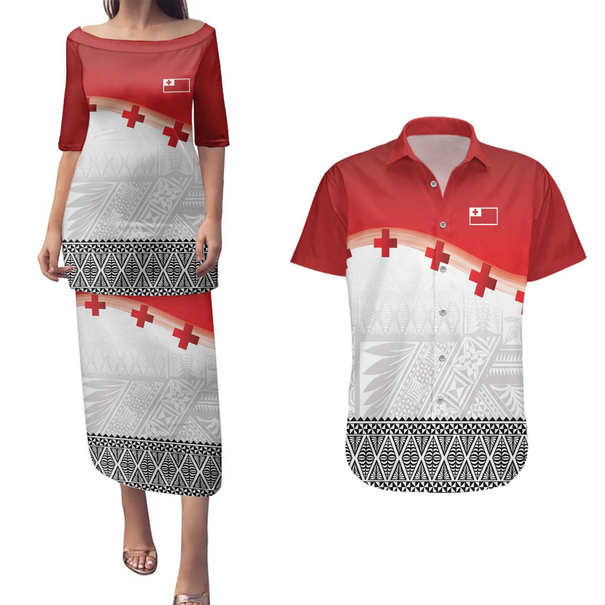Ikale Tahi Pacific Tonga Rugby Custom Couples Matching Puletasi and Hawaiian Shirt Tongan Ngatu with Flag Pattern LT9 Red - Polynesian Pride