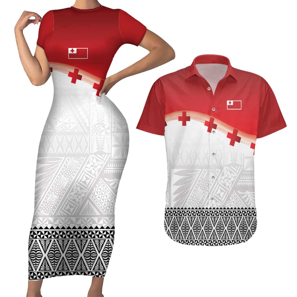 Ikale Tahi Pacific Tonga Rugby Custom Couples Matching Short Sleeve Bodycon Dress and Hawaiian Shirt Tongan Ngatu with Flag Pattern LT9 Red - Polynesian Pride