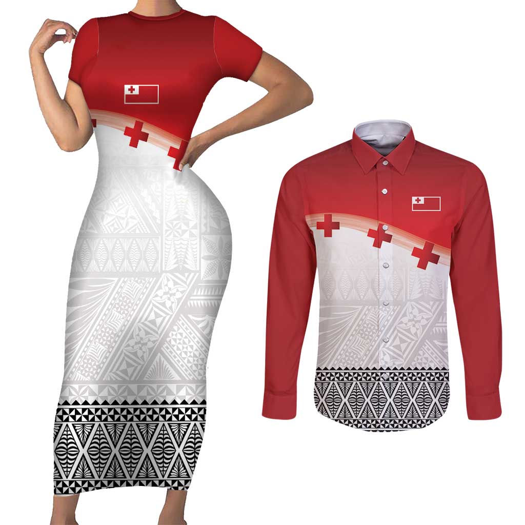 Ikale Tahi Pacific Tonga Rugby Custom Couples Matching Short Sleeve Bodycon Dress and Long Sleeve Button Shirt Tongan Ngatu with Flag Pattern LT9 Red - Polynesian Pride
