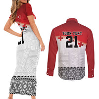 Ikale Tahi Pacific Tonga Rugby Custom Couples Matching Short Sleeve Bodycon Dress and Long Sleeve Button Shirt Tongan Ngatu with Flag Pattern LT9 - Polynesian Pride