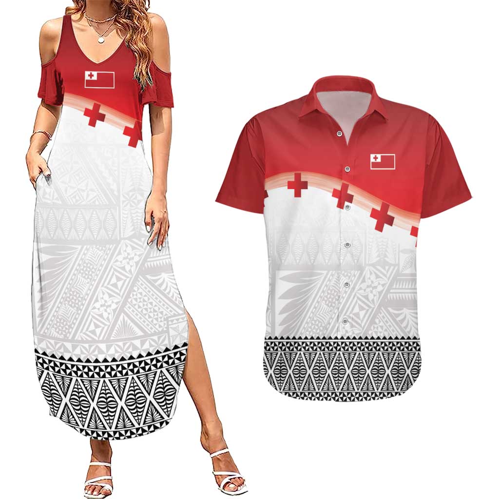 Ikale Tahi Pacific Tonga Rugby Custom Couples Matching Summer Maxi Dress and Hawaiian Shirt Tongan Ngatu with Flag Pattern LT9 Red - Polynesian Pride