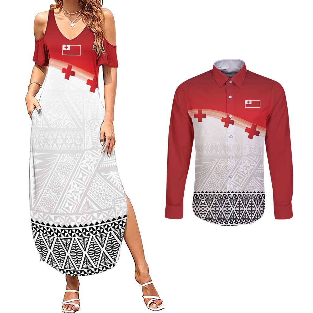 Ikale Tahi Pacific Tonga Rugby Custom Couples Matching Summer Maxi Dress and Long Sleeve Button Shirt Tongan Ngatu with Flag Pattern LT9 Red - Polynesian Pride