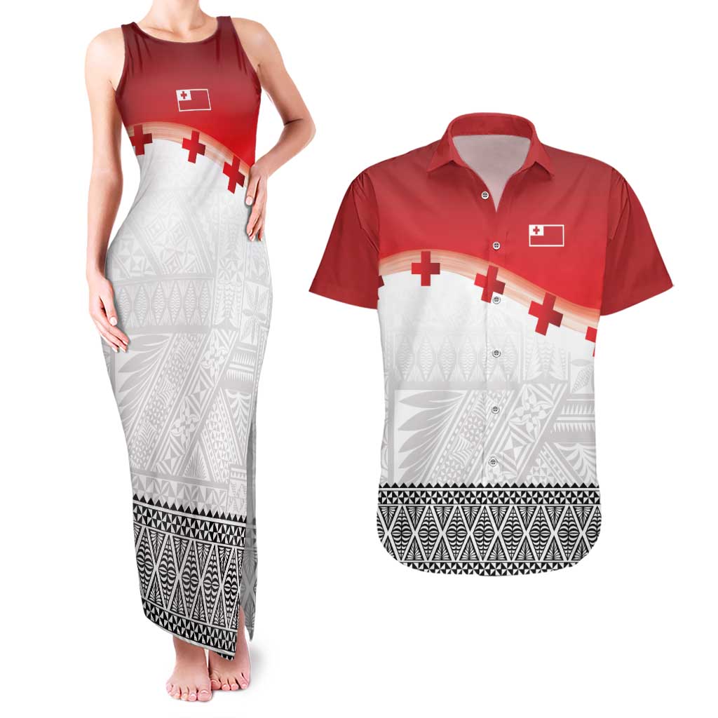 Ikale Tahi Pacific Tonga Rugby Custom Couples Matching Tank Maxi Dress and Hawaiian Shirt Tongan Ngatu with Flag Pattern LT9 Red - Polynesian Pride