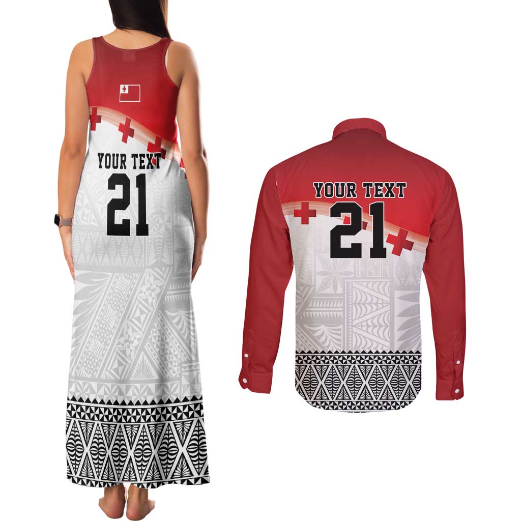 Ikale Tahi Pacific Tonga Rugby Custom Couples Matching Tank Maxi Dress and Long Sleeve Button Shirt Tongan Ngatu with Flag Pattern LT9 - Polynesian Pride