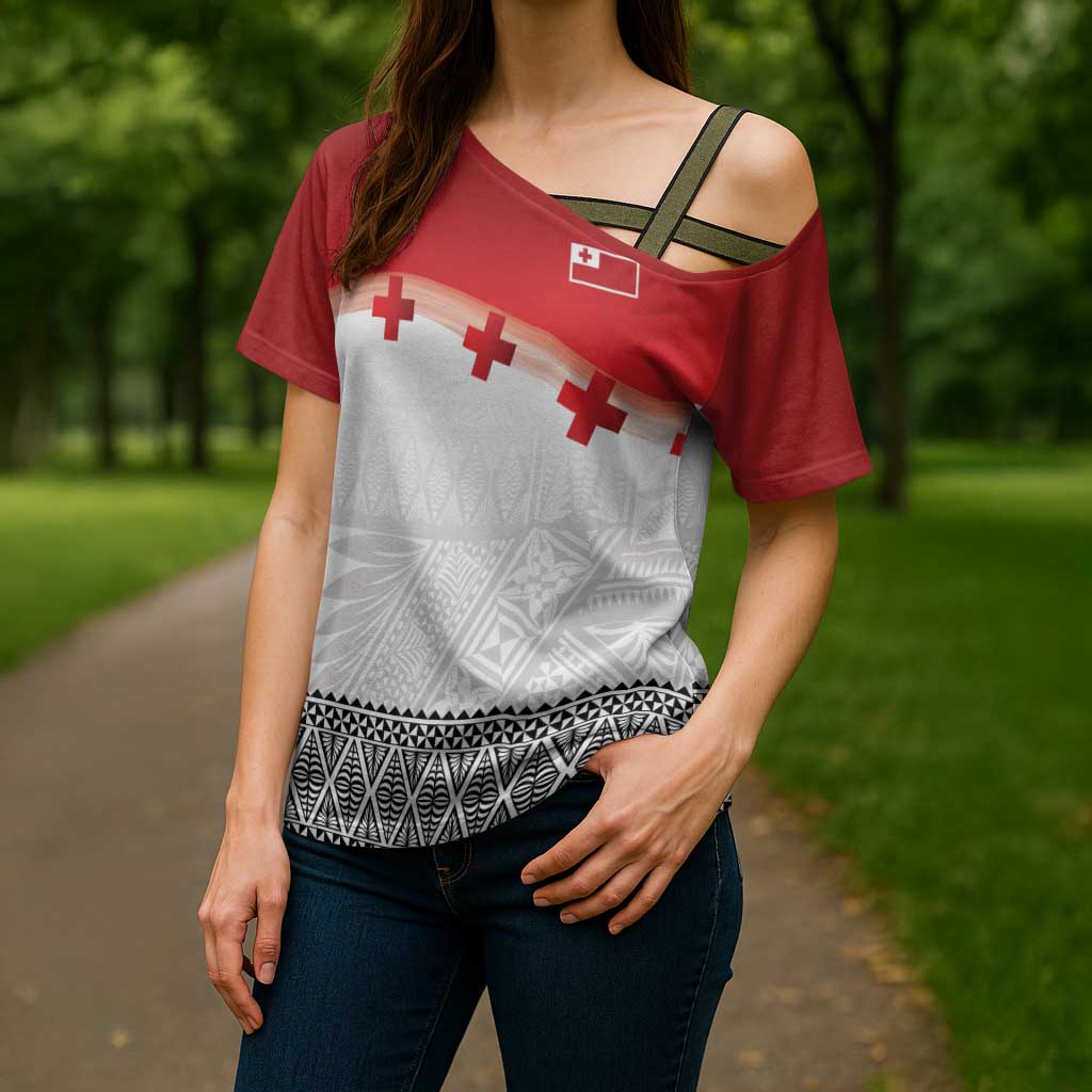 Ikale Tahi Pacific Tonga Rugby Custom Cross Shoulder Shirt Tongan Ngatu with Flag Pattern LT9 - Polynesian Pride