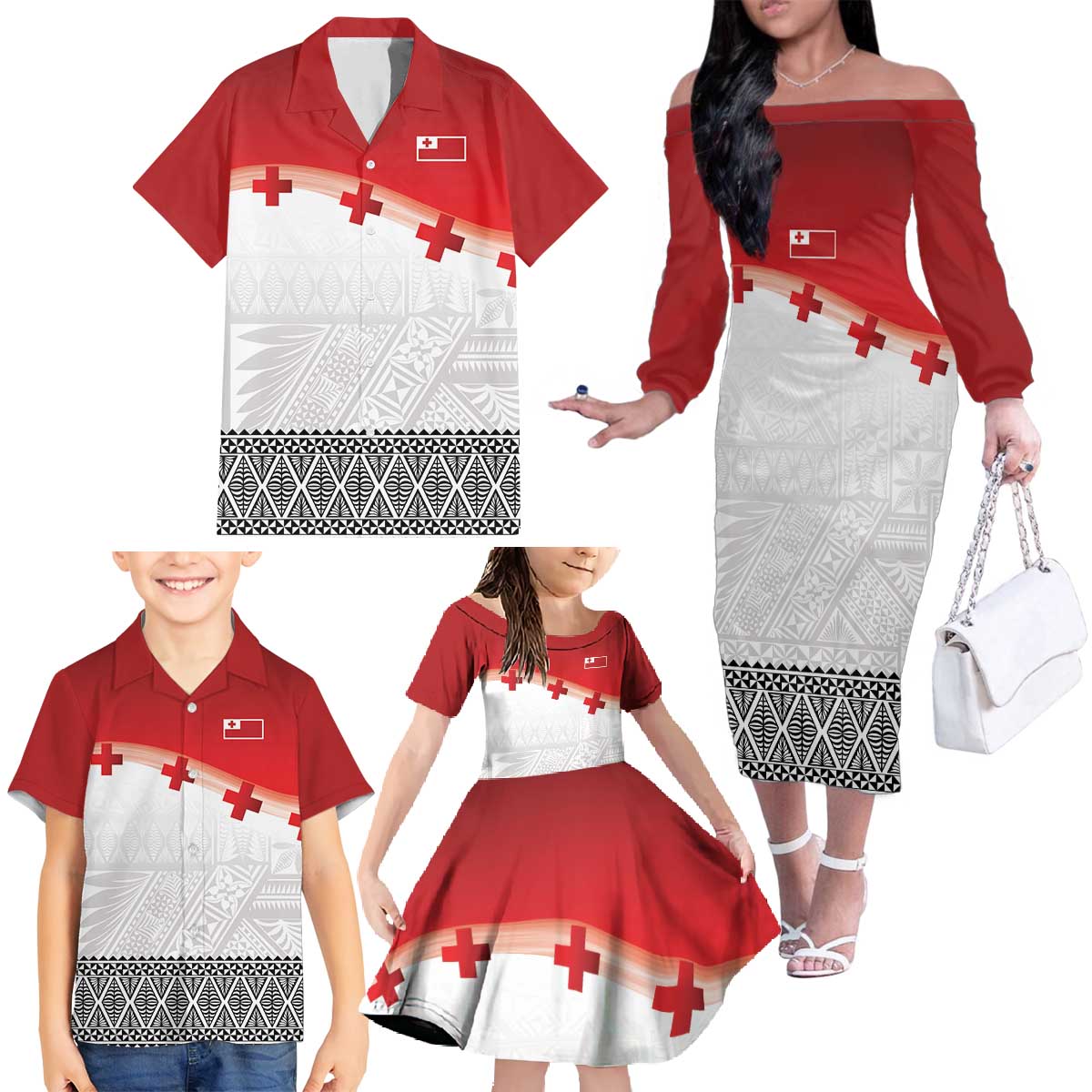 Ikale Tahi Pacific Tonga Rugby Custom Family Matching Off The Shoulder Long Sleeve Dress and Hawaiian Shirt Tongan Ngatu with Flag Pattern LT9 - Polynesian Pride