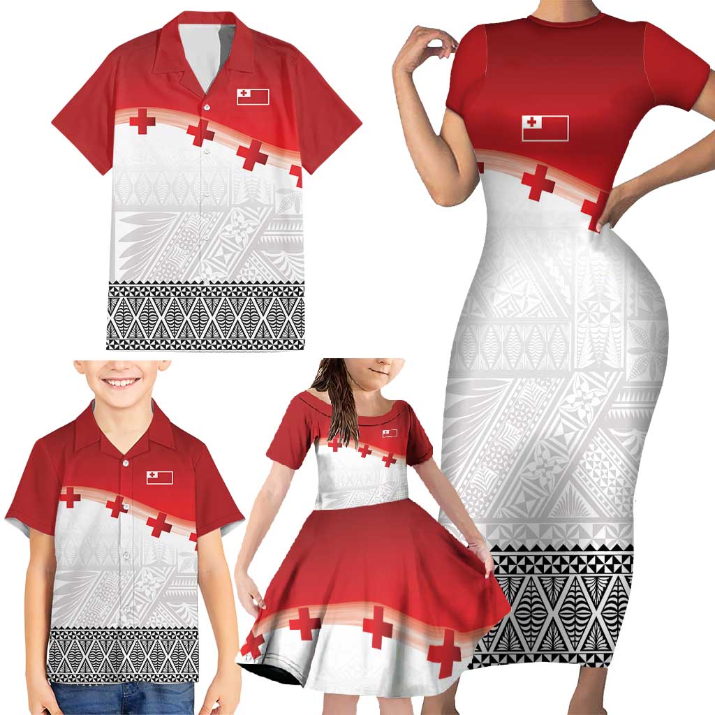 Ikale Tahi Pacific Tonga Rugby Custom Family Matching Short Sleeve Bodycon Dress and Hawaiian Shirt Tongan Ngatu with Flag Pattern LT9 - Polynesian Pride