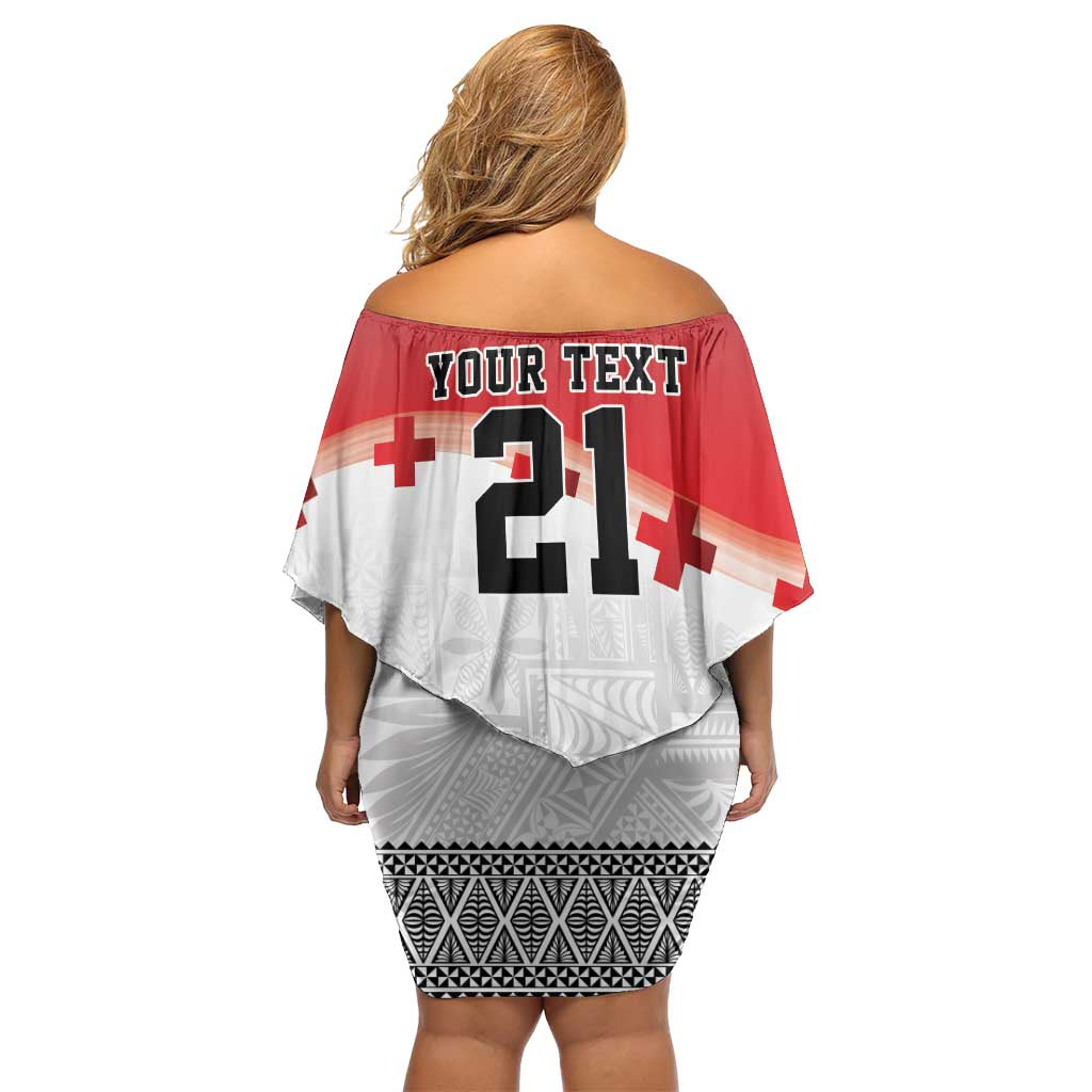 Ikale Tahi Pacific Tonga Rugby Custom Off Shoulder Short Dress Tongan Ngatu with Flag Pattern