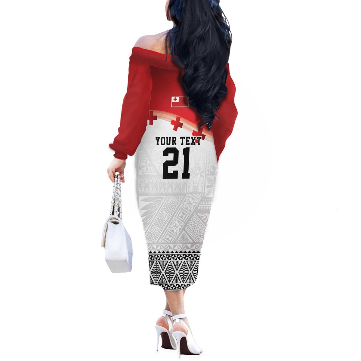 Ikale Tahi Pacific Tonga Rugby Custom Off The Shoulder Long Sleeve Dress Tongan Ngatu with Flag Pattern