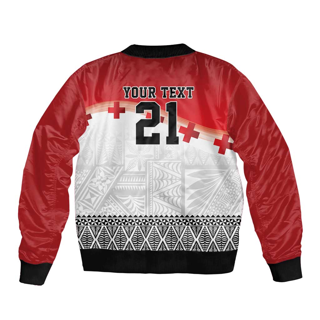 Ikale Tahi Pacific Tonga Rugby Custom Sleeve Zip Bomber Jacket Tongan Ngatu with Flag Pattern