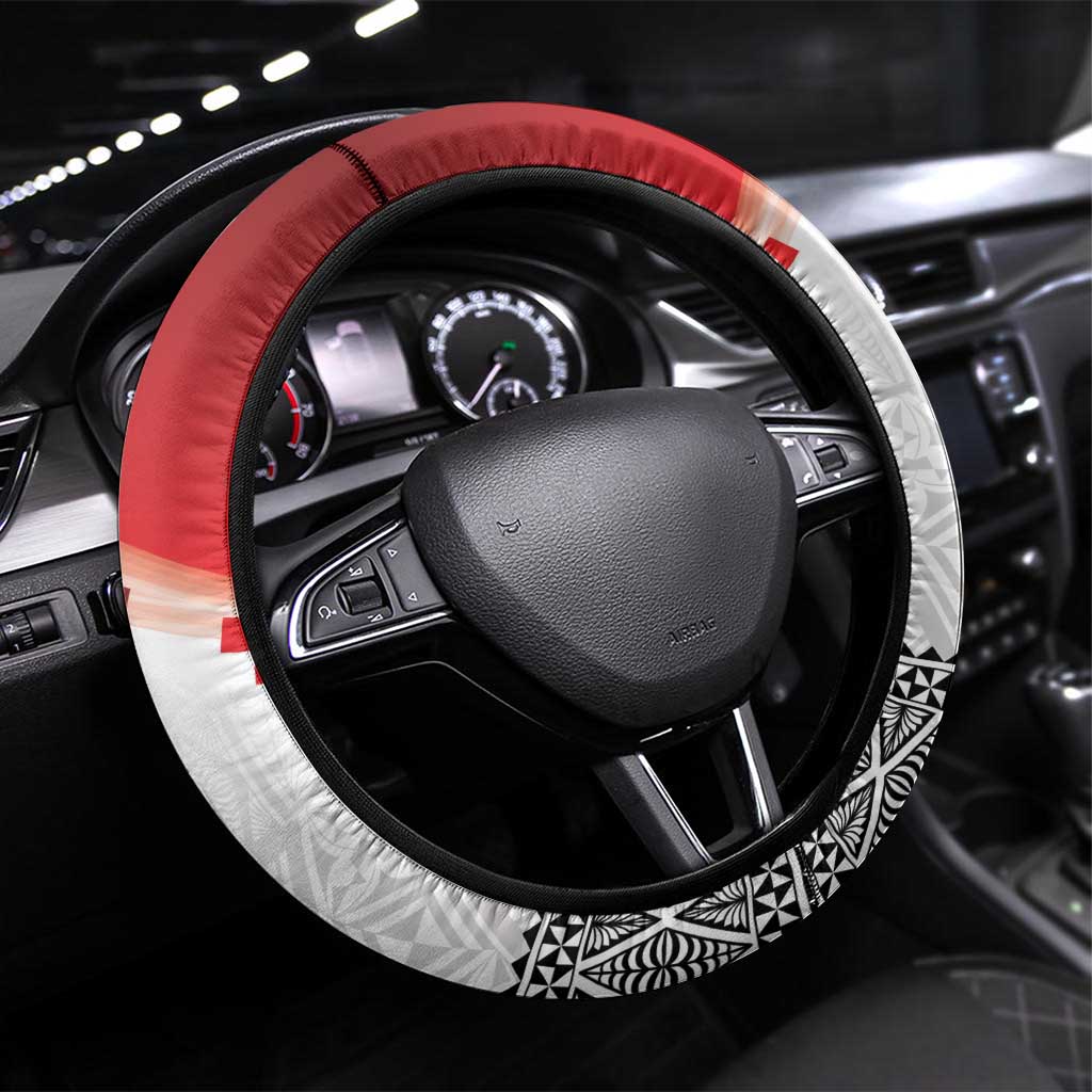 Ikale Tahi Pacific Tonga Rugby Steering Wheel Cover Tongan Ngatu with Flag Pattern LT9 Universal Fit Red - Polynesian Pride