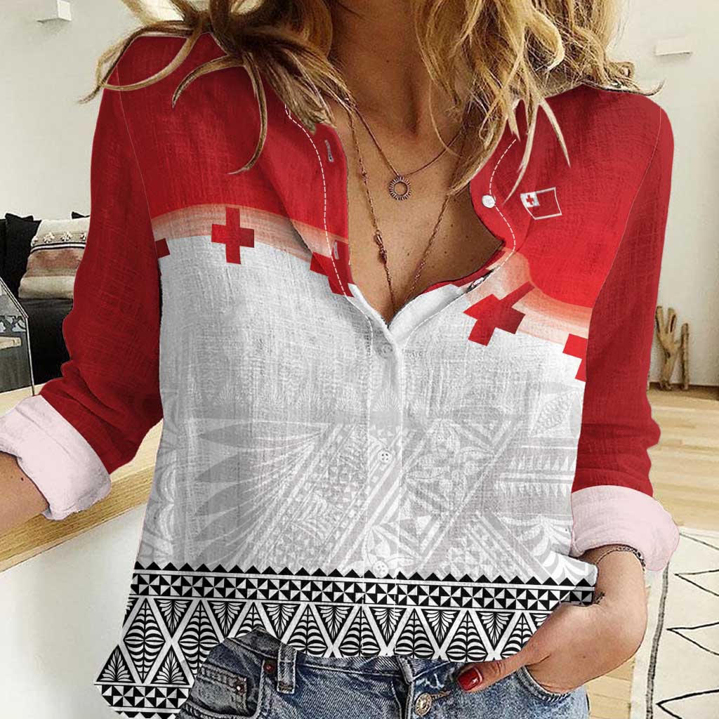 Ikale Tahi Pacific Tonga Rugby Custom Women Casual Shirt Tongan Ngatu with Flag Pattern