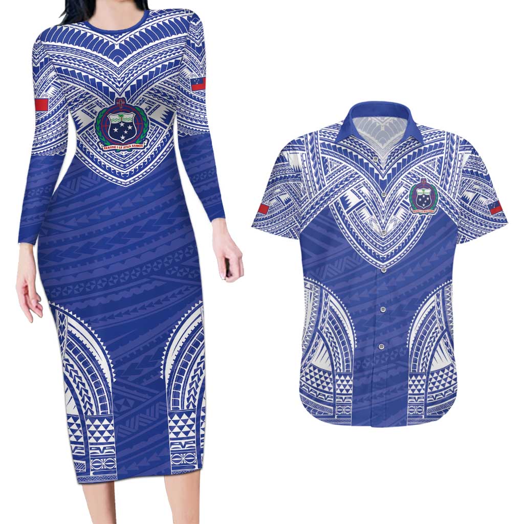 Manu Samoa Pacific Samoa Rugby Custom Couples Matching Long Sleeve Bodycon Dress and Hawaiian Shirt Polynesian Pattern LT9 Blue - Polynesian Pride