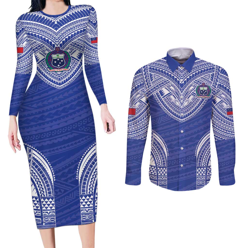 Manu Samoa Pacific Samoa Rugby Custom Couples Matching Long Sleeve Bodycon Dress and Long Sleeve Button Shirt Polynesian Pattern LT9 Blue - Polynesian Pride