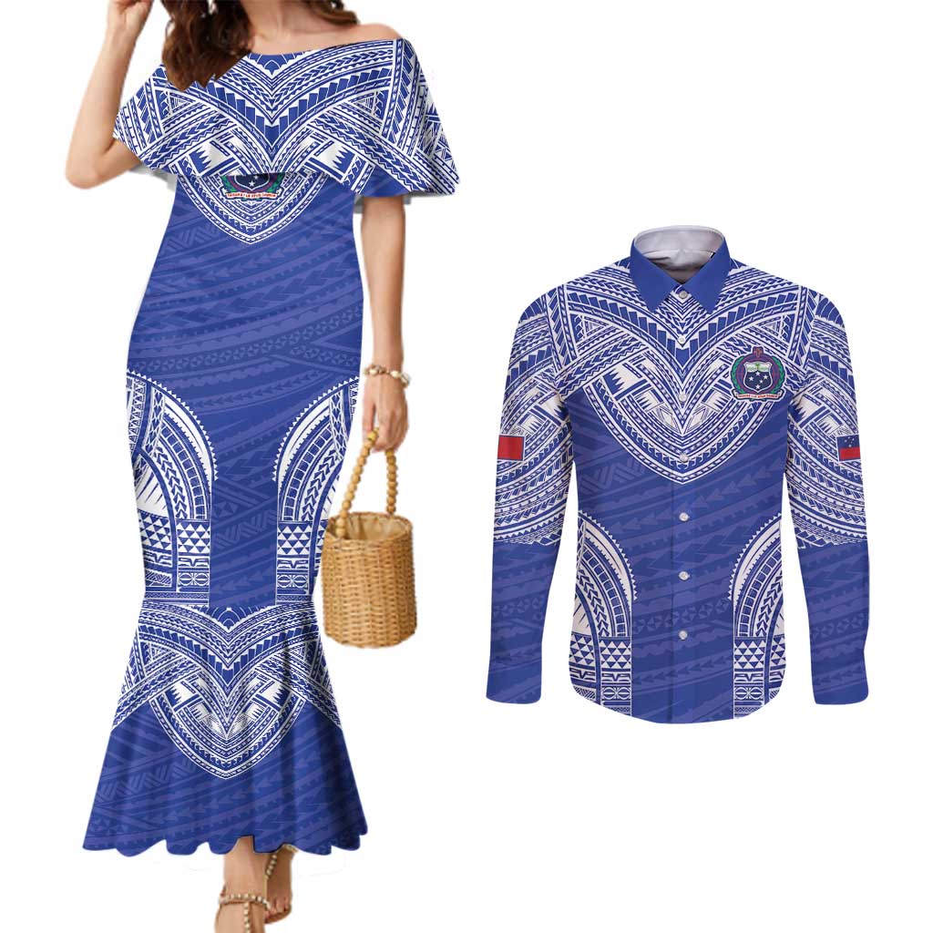 Manu Samoa Pacific Samoa Rugby Custom Couples Matching Mermaid Dress and Long Sleeve Button Shirt Polynesian Pattern LT9 Blue - Polynesian Pride