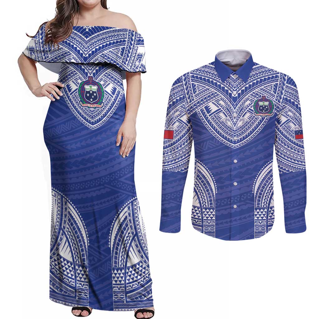 Manu Samoa Pacific Samoa Rugby Custom Couples Matching Off Shoulder Maxi Dress and Long Sleeve Button Shirt Polynesian Pattern LT9 Blue - Polynesian Pride