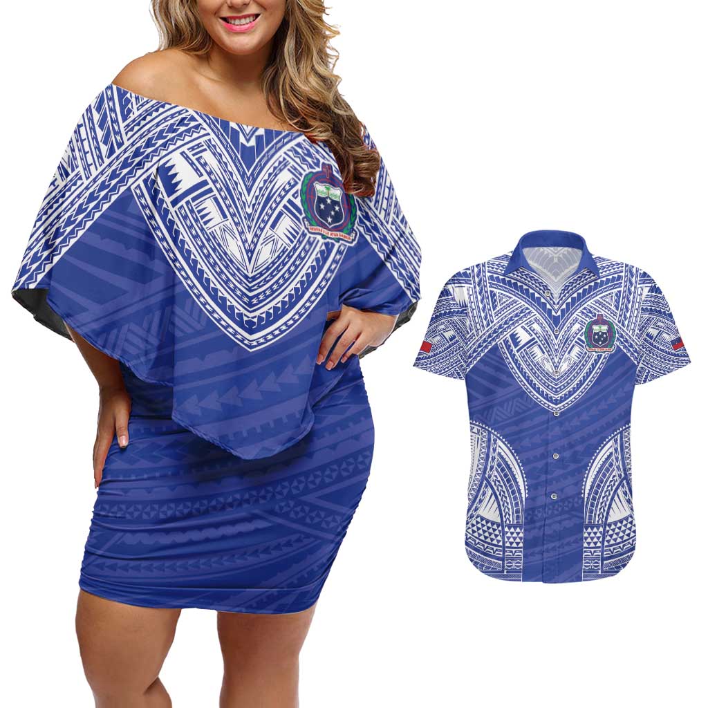Manu Samoa Pacific Samoa Rugby Custom Couples Matching Off Shoulder Short Dress and Hawaiian Shirt Polynesian Pattern LT9 Blue - Polynesian Pride