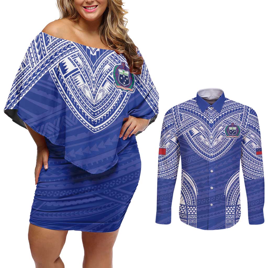 Manu Samoa Pacific Samoa Rugby Custom Couples Matching Off Shoulder Short Dress and Long Sleeve Button Shirt Polynesian Pattern LT9 Blue - Polynesian Pride