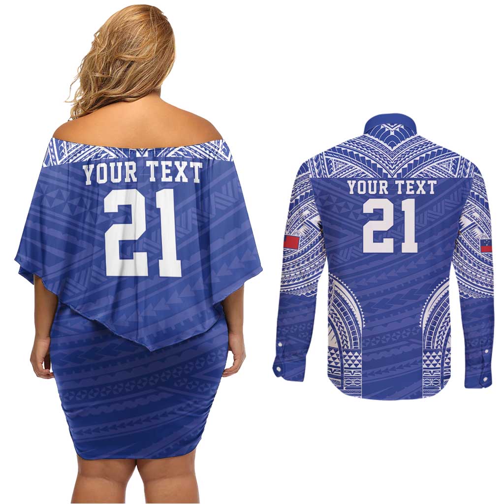 Manu Samoa Pacific Samoa Rugby Custom Couples Matching Off Shoulder Short Dress and Long Sleeve Button Shirt Polynesian Pattern LT9 - Polynesian Pride
