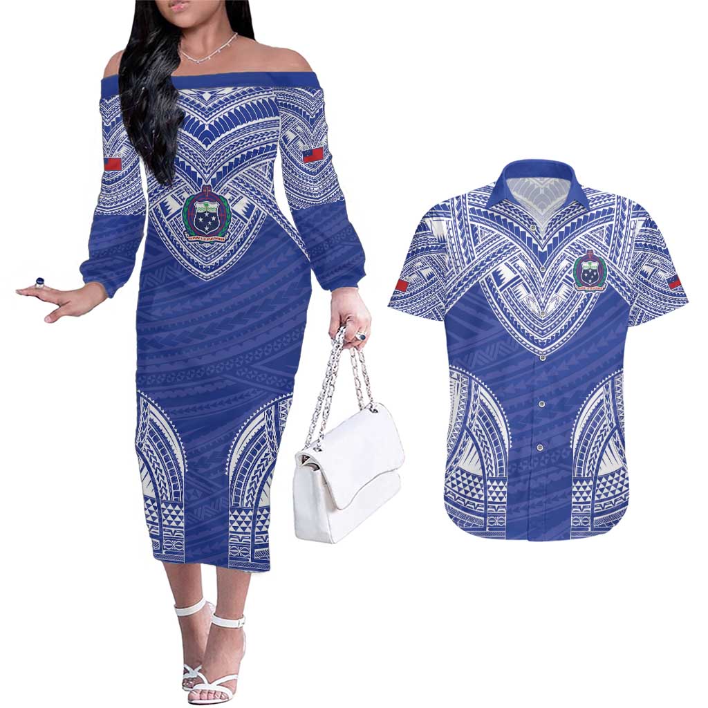 Manu Samoa Pacific Samoa Rugby Custom Couples Matching Off The Shoulder Long Sleeve Dress and Hawaiian Shirt Polynesian Pattern LT9 Blue - Polynesian Pride