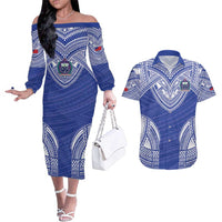 Manu Samoa Pacific Samoa Rugby Custom Couples Matching Off The Shoulder Long Sleeve Dress and Hawaiian Shirt Polynesian Pattern LT9 Blue - Polynesian Pride