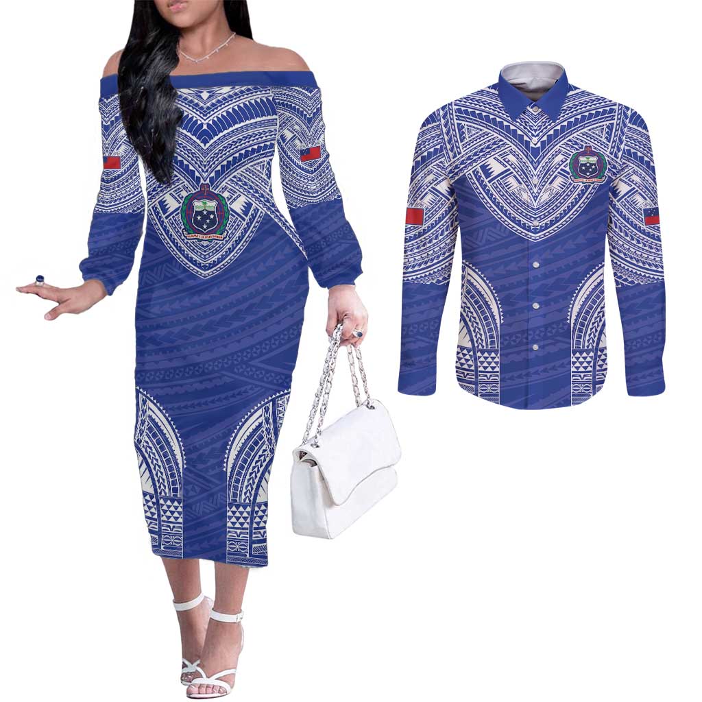 Manu Samoa Pacific Samoa Rugby Custom Couples Matching Off The Shoulder Long Sleeve Dress and Long Sleeve Button Shirt Polynesian Pattern LT9 Blue - Polynesian Pride